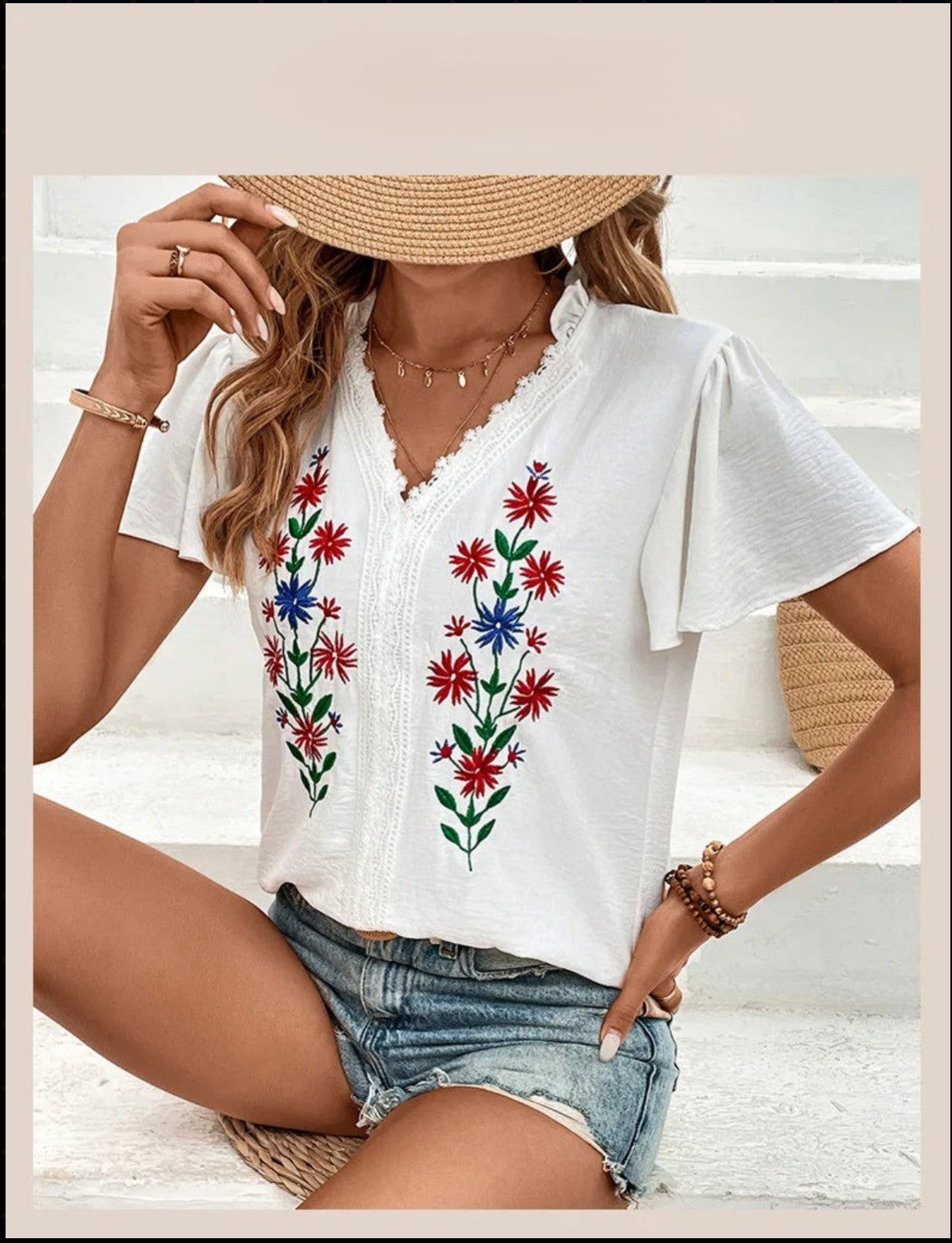 Embroidered Flower Elegant Short Sleeved Deep V-Neck Blouse