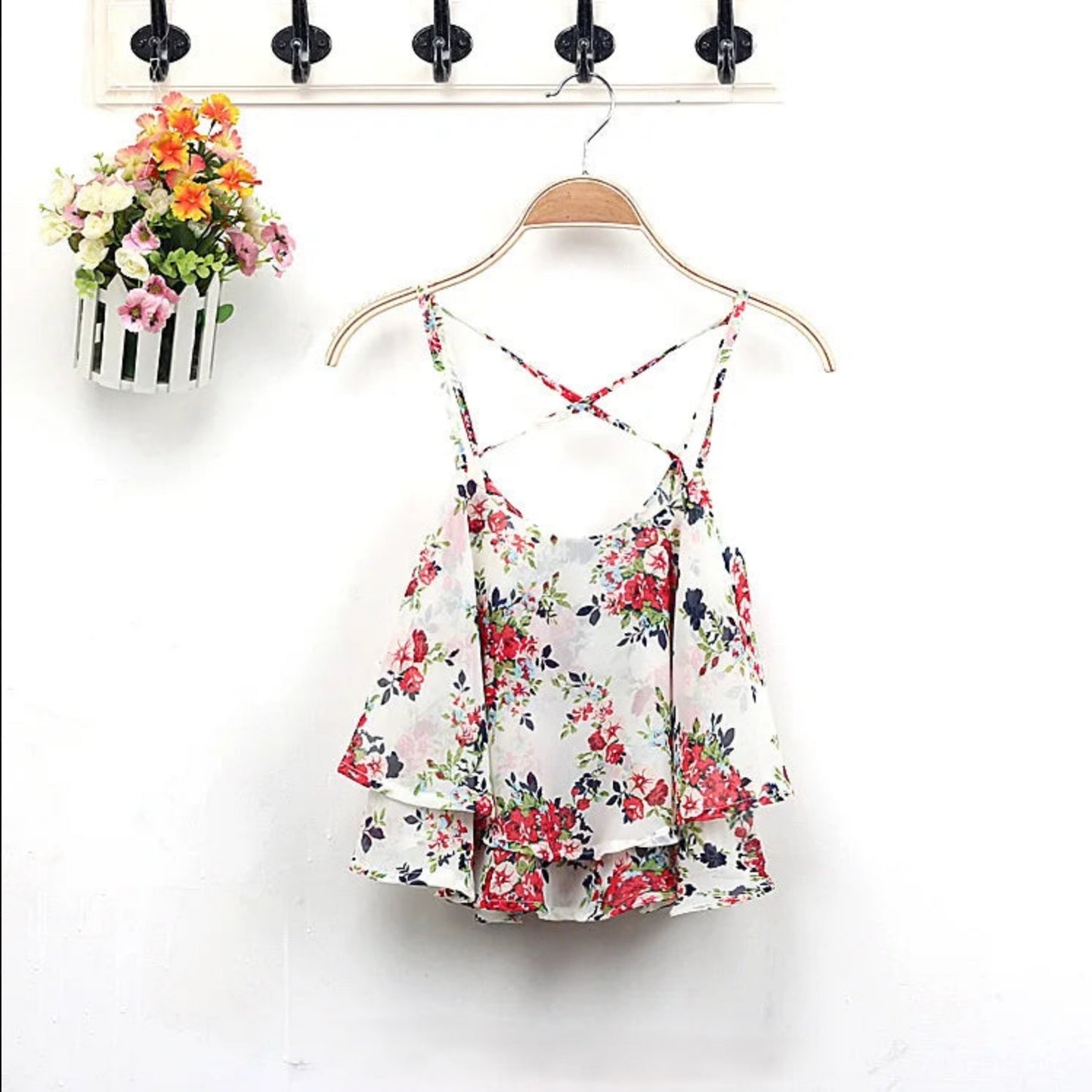 Floral Print Tank Top Summer Style Spaghetti Strap Casual Tops Double Chiffon