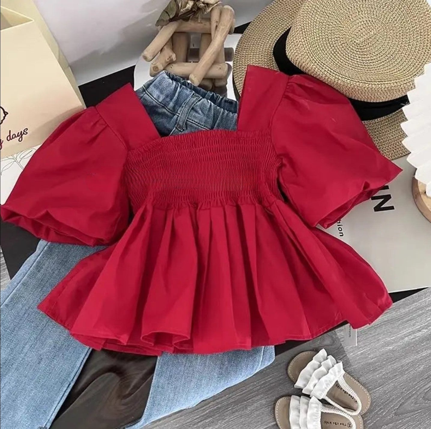 Girls Short Sleeve Top and Jeans Two Piece Set Red