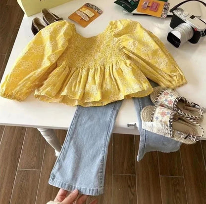 Girls Short Sleeve Top and Jeans Two Piece Set Yellow