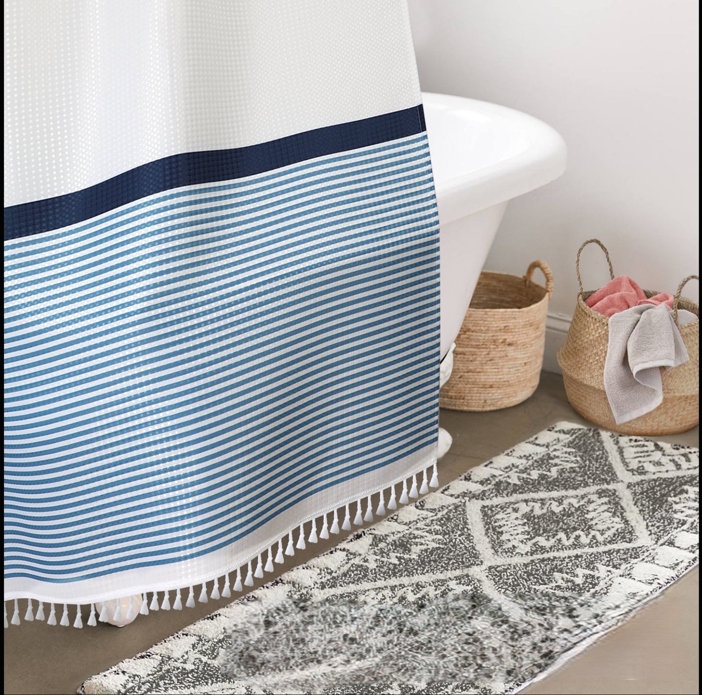 Blue Striped Shower Curtain With Tassels Machine Washable Water Repellent