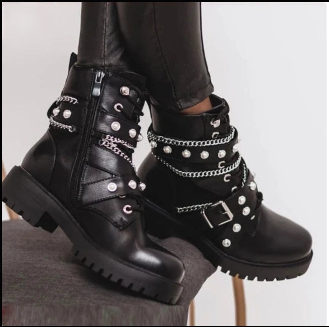 Women's Ankle Boots Platform Buckle With Studded Pearl Platform Shoes