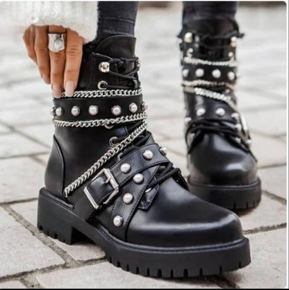 Women's Ankle Boots Platform Buckle With Studded Pearl Platform Shoes