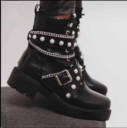 Women's Ankle Boots Platform Buckle With Studded Pearl Platform Shoes