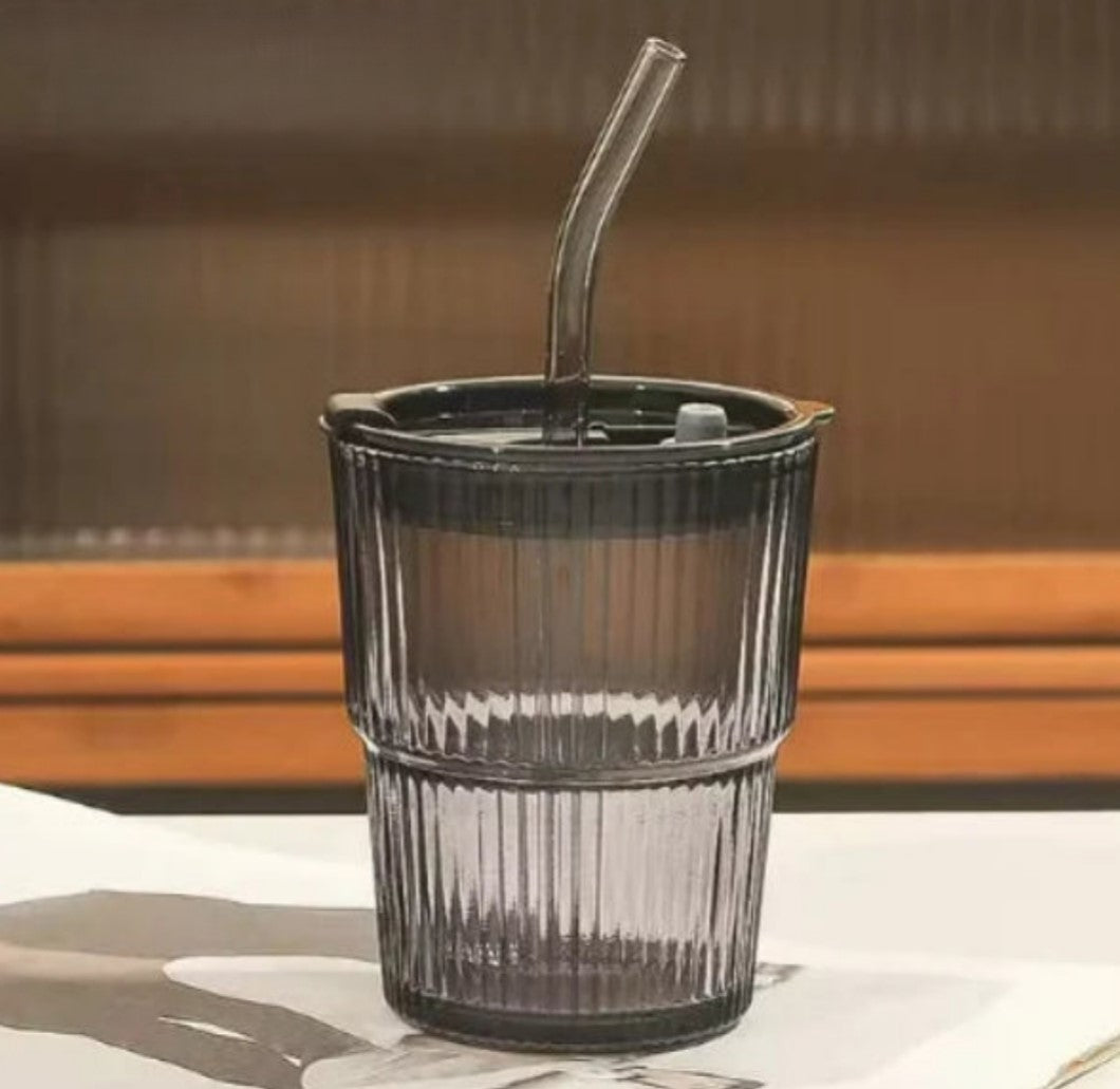 Transparent Stripe Glass Cup with Lid and Straw Gray 400 ML