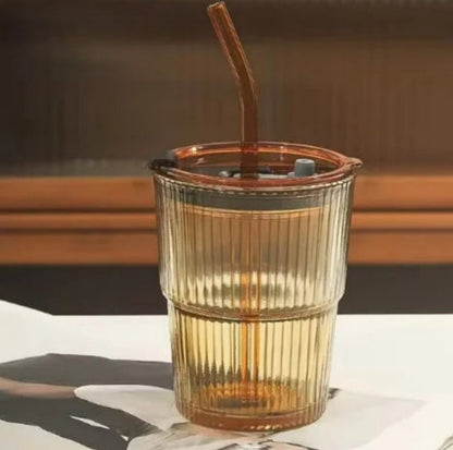 Transparent Stripe Glass Cup with Lid and Straw tan 400 ML