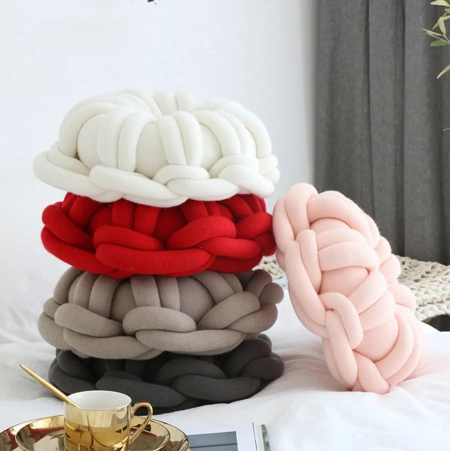 Round Solid Chunky Throw Pillow Knot Cushion Decorative Pillow Red