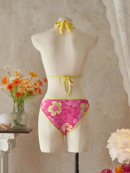 Vintage Pink Floral Print Contrast Bikini Set 2026 Women Drawstring Side Skirt 3 Piece Swimsuit Holiday Bathing Suit Swimwear - -