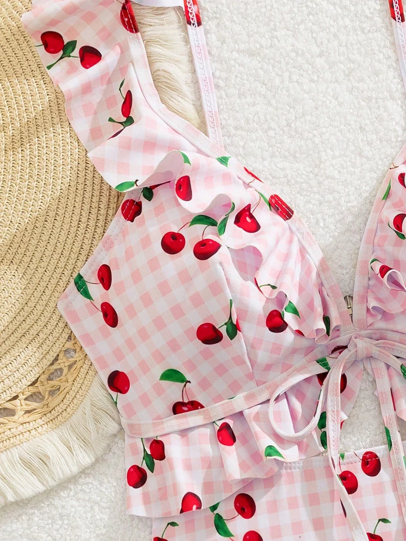 Vintage Pink Starberry Print One Piece Swimsuit 2026 Women Ruffles Bandage Cross High Waist Bikini Beach Bathing Suit Swimwear - -