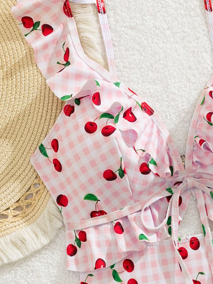 Vintage Pink Starberry Print One Piece Swimsuit 2026 Women Ruffles Bandage Cross High Waist Bikini Beach Bathing Suit Swimwear - -