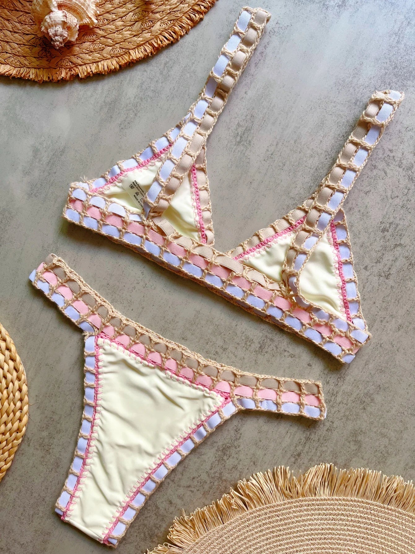 Sexy Black Patchwork Hand Crochet Bikini Set Women 2026 V Neck Push Up Bra Thong Swimsuit Beach Bathing Suit Knitted Swimwear - -