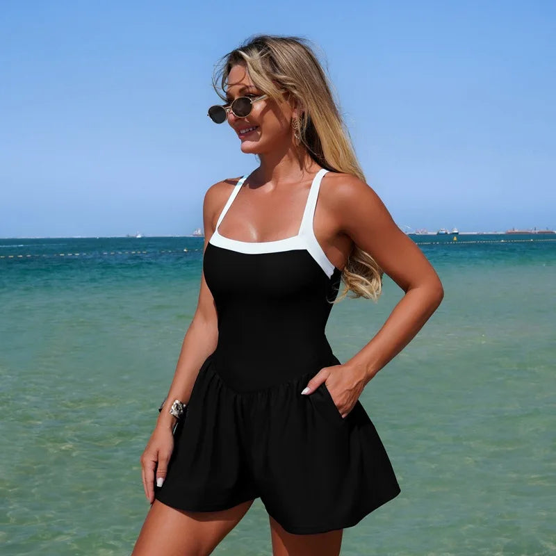 Vintage Black Patchwork Skirt One Piece Swimsuit 2026 Women Back Bandage Cross Pocket Swimwear Beach Bathing Suit Slim Monokini - black -