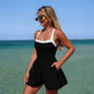 Vintage Black Patchwork Skirt One Piece Swimsuit 2026 Women Back Bandage Cross Pocket Swimwear Beach Bathing Suit Slim Monokini - black -