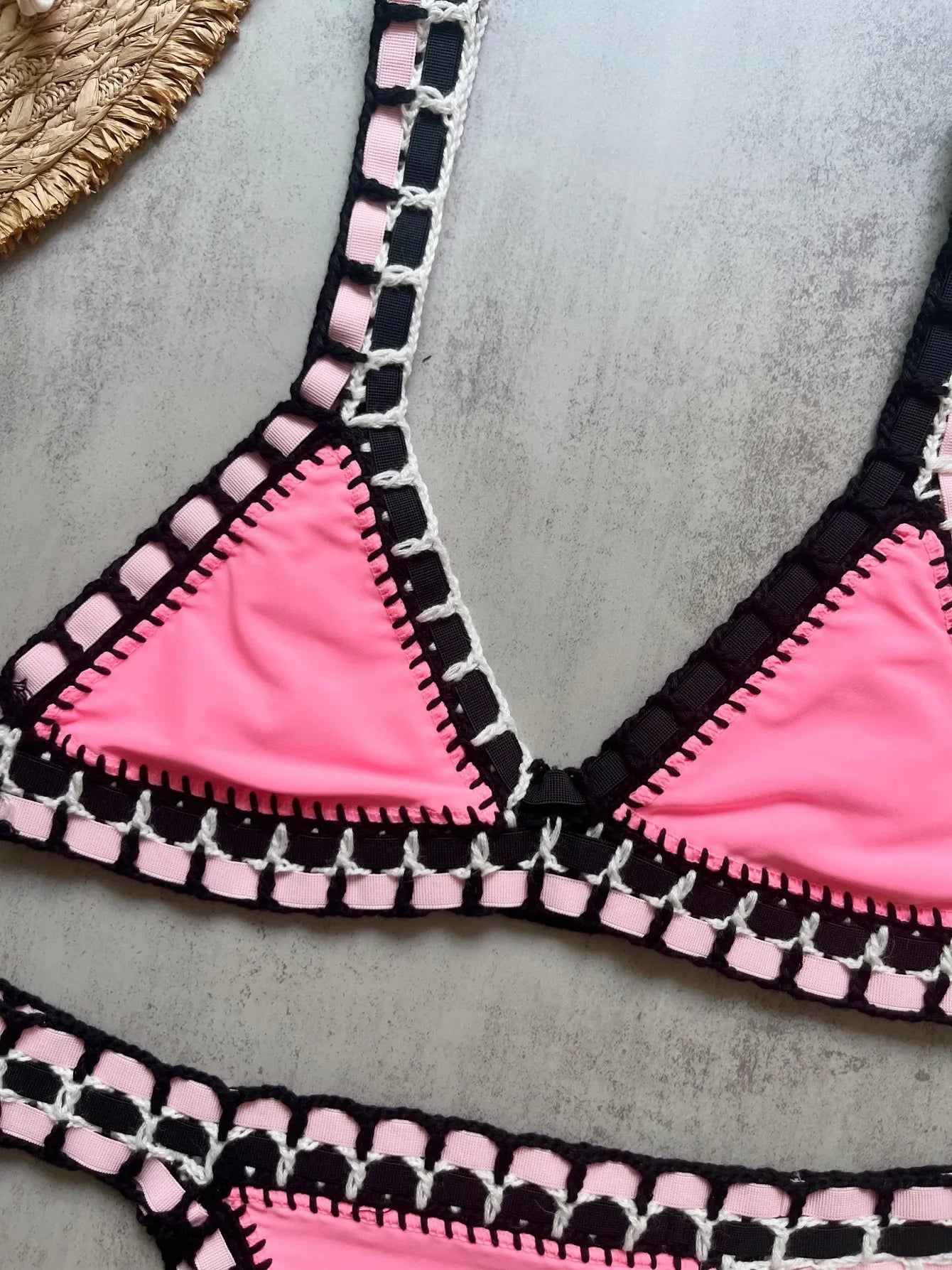 Sexy Black Patchwork Hand Crochet Bikini Set Women 2026 V Neck Push Up Bra Thong Swimsuit Beach Bathing Suit Knitted Swimwear - -