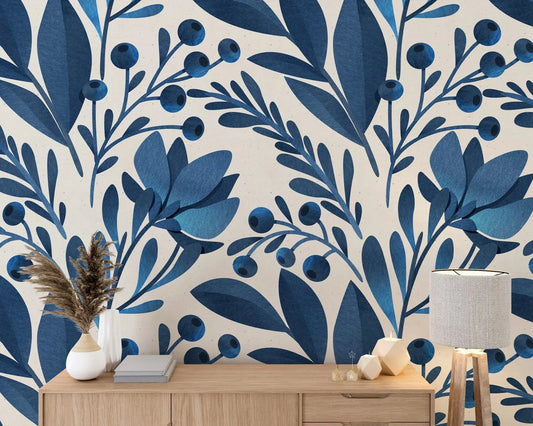 Blue Watercolor Floral Pattern Peel and Stick Wallpaper Kia Day Design