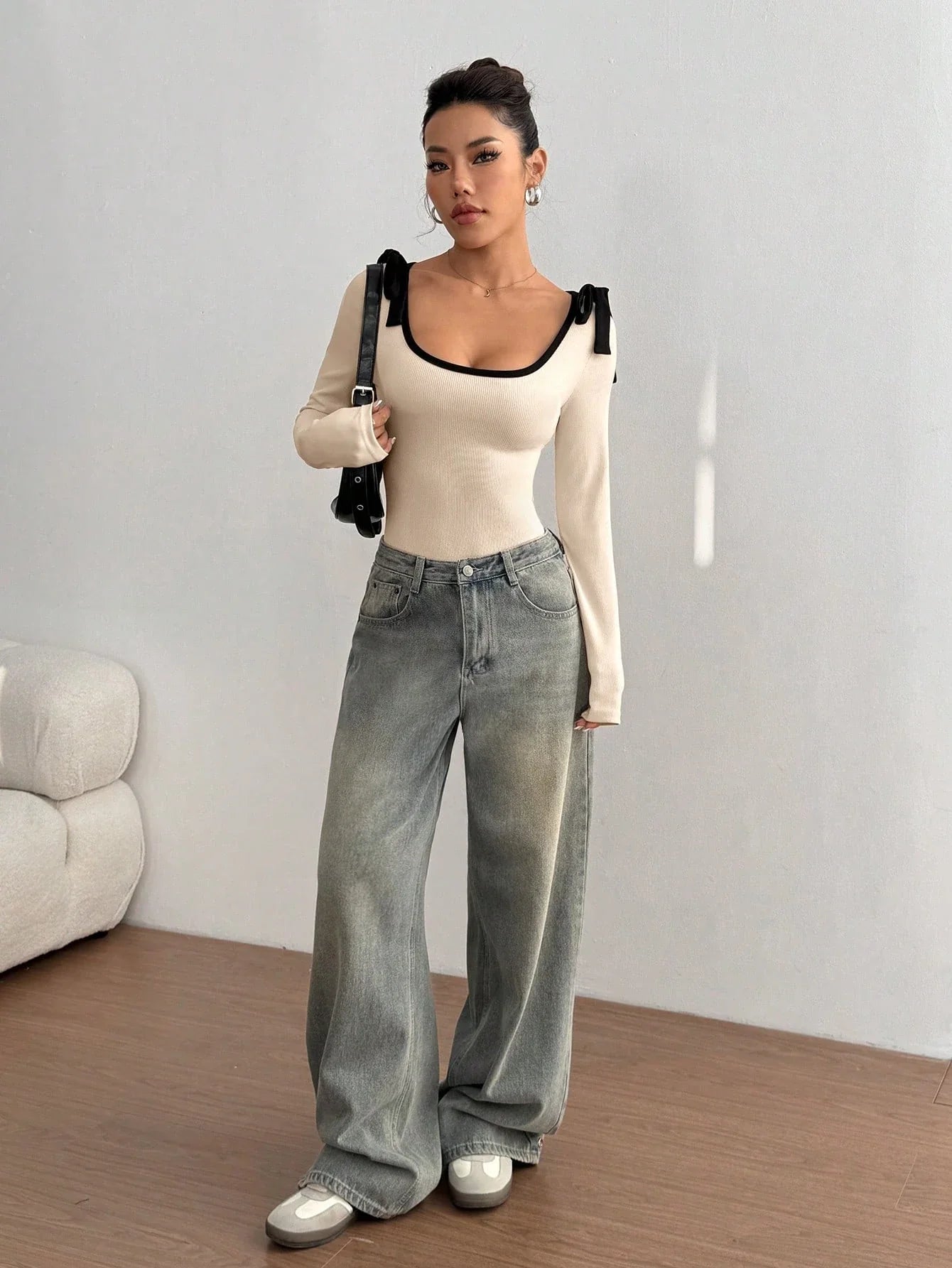Women's Casual Color Block Slim Fit Long Sleeve Bodysuit Commuting Tie-Strap Decorate Rib-Knit Bodysuit Spring/Fall 2026 - -