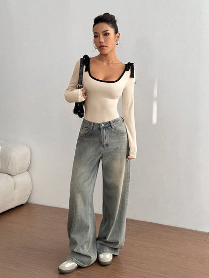 Women's Casual Color Block Slim Fit Long Sleeve Bodysuit Commuting Tie-Strap Decorate Rib-Knit Bodysuit Spring/Fall 2026 - -
