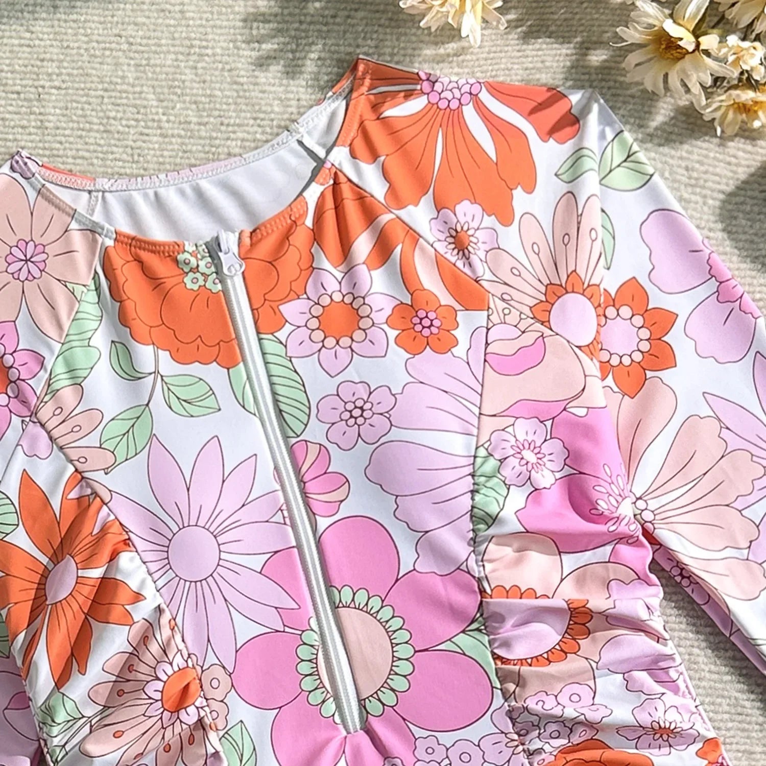Vintage Pink Floral Print Swimwear Women 2026 Front Zipper Long Sleeve Sunscreen One Piece Swimsuit Bathing Suit Surf Monokini - -