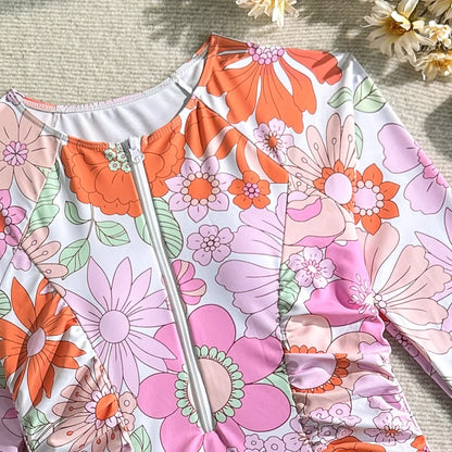 Vintage Pink Floral Print Swimwear Women 2026 Front Zipper Long Sleeve Sunscreen One Piece Swimsuit Bathing Suit Surf Monokini - -