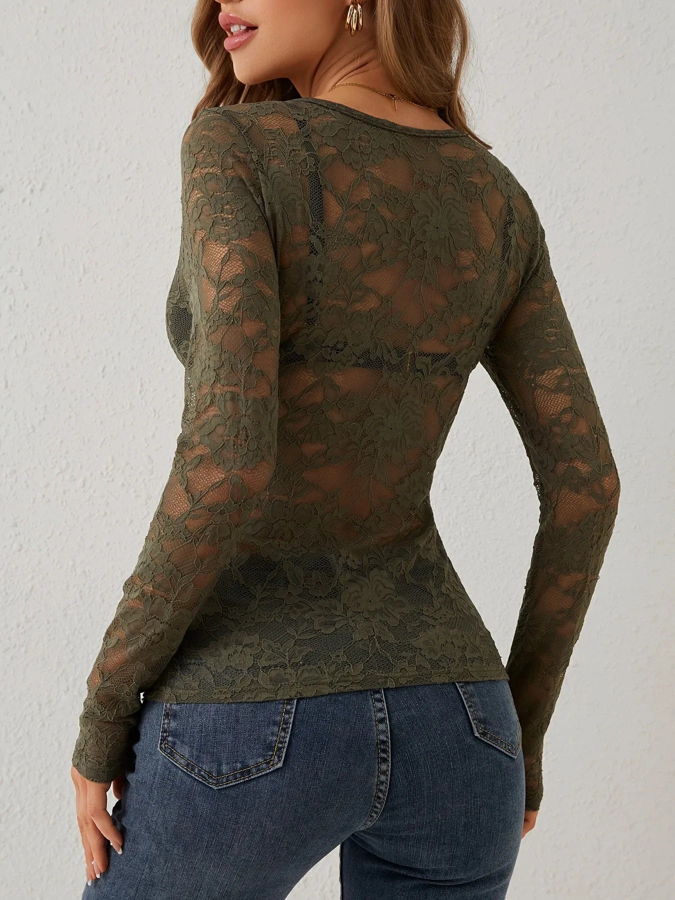 Women Sexy Base Layer Shirt Solid Black Sheer Lace Top Slim Flower Scallop Trim V Neck Long Sleeve T-shirt Trendy Tight Lace Top - -