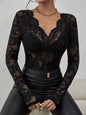 Women Sexy Base Layer Shirt Solid Black Sheer Lace Top Slim Flower Scallop Trim V Neck Long Sleeve T-shirt Trendy Tight Lace Top - Black -