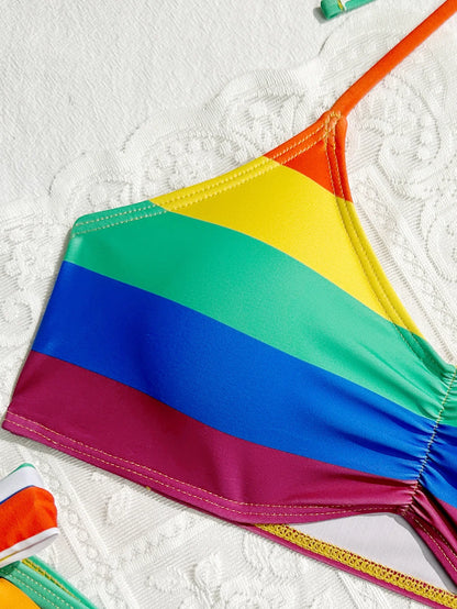 Women's Rainbow Color Bikini Set Sexy Beach Vacation Backless 2 Piece Swimsuit 2024 Summer Bathing Suit Bra Push Up Swimwear - -