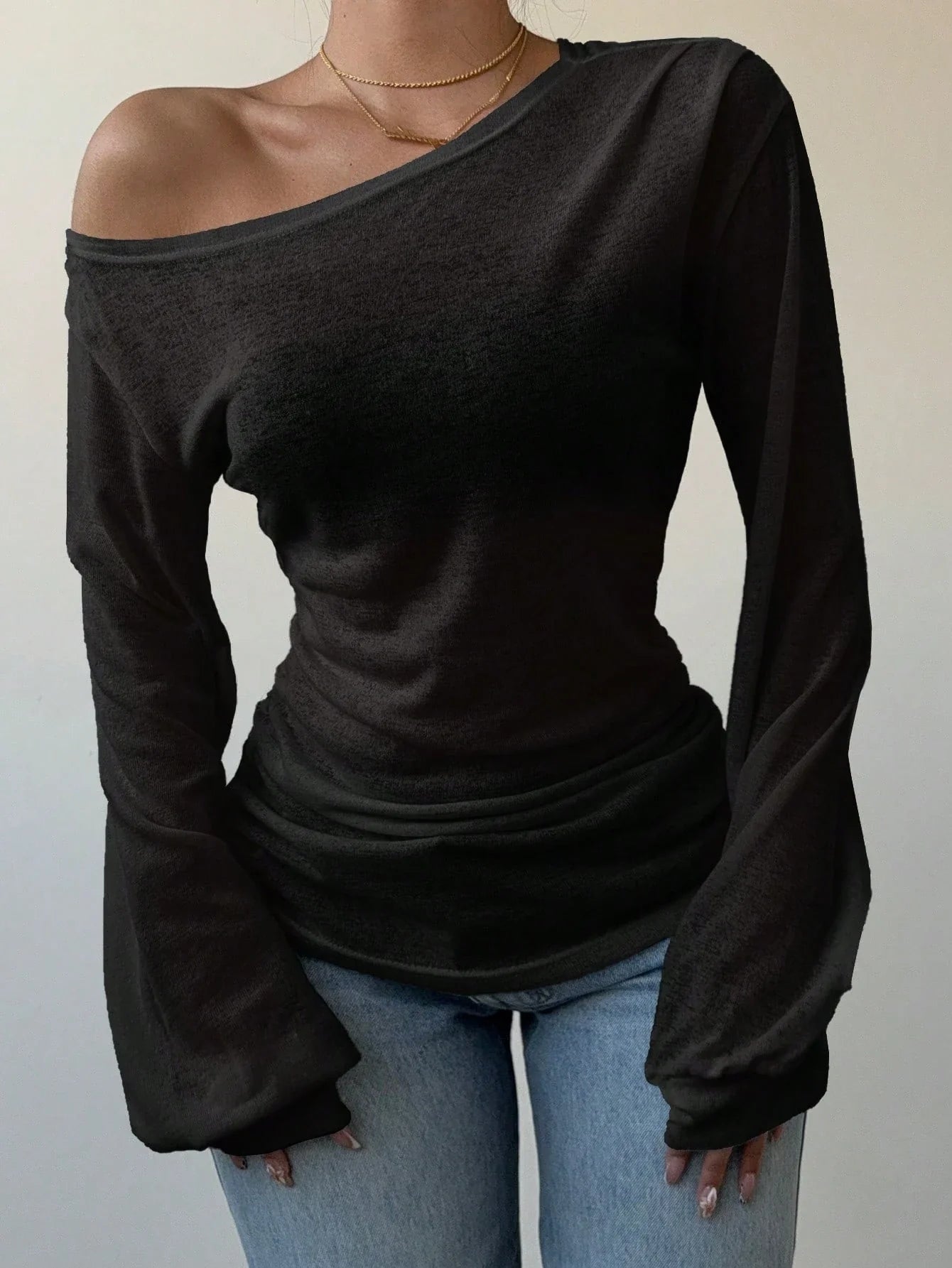 Women's Casual Solid Color Slope Collar Long Sleeved T-Shirt Loose Slouchy Style See-Through Off The Shoulder Top - black -