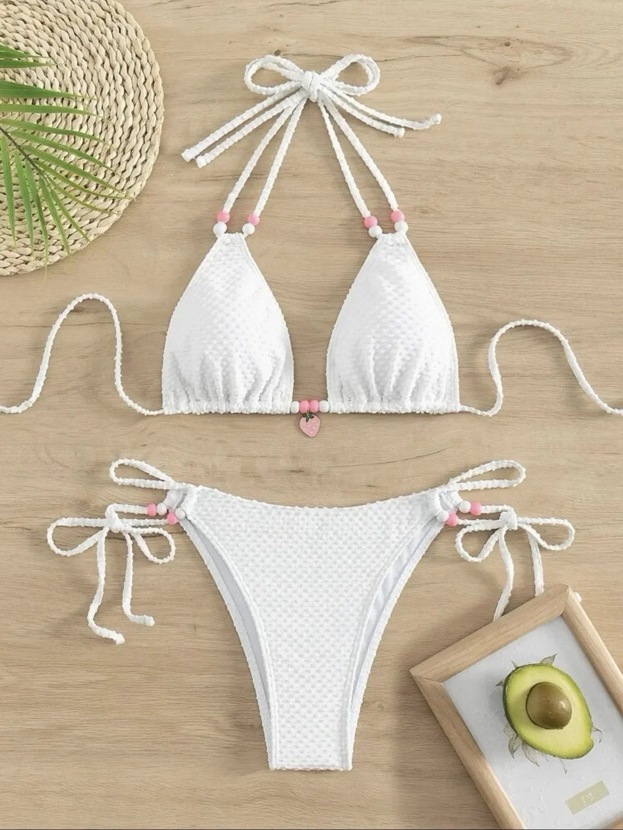 Sexy Pink Bikini 2024 Swimsuit Women White Pearl Strap Push Up Micro Swimwear Brazilian Bathing Suit Tie Side Thong Bikinis Sets - -