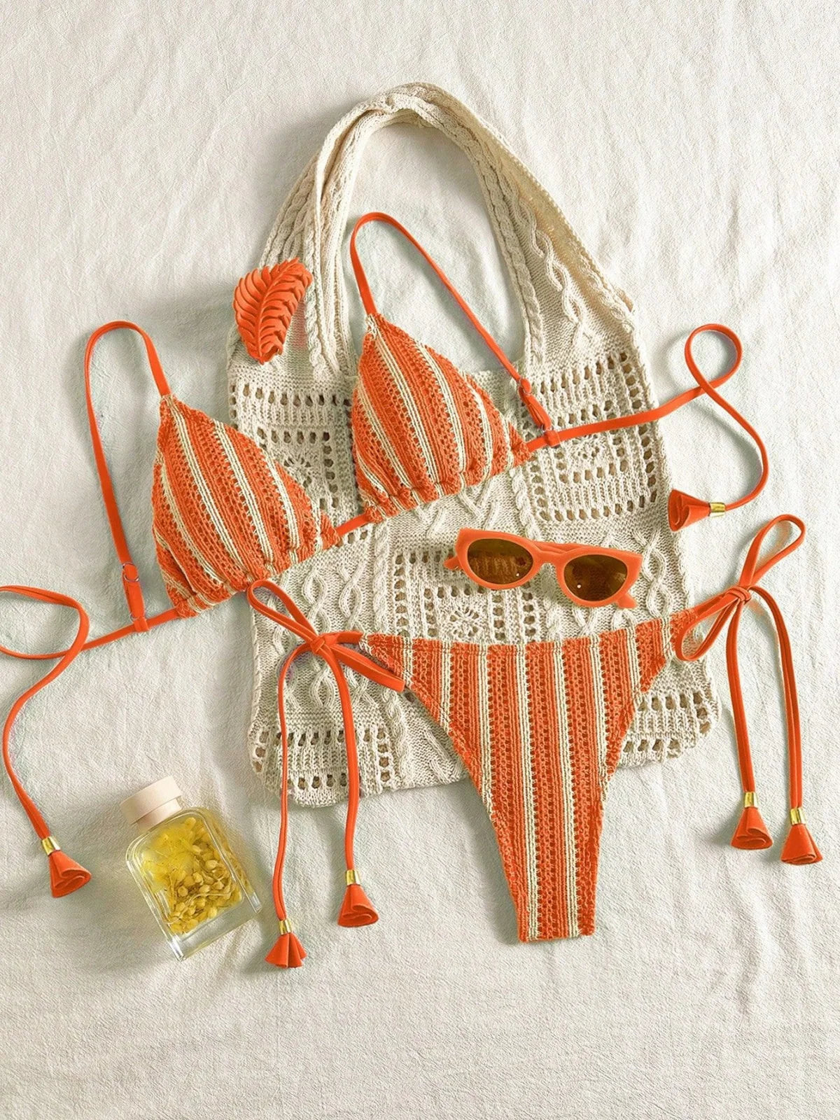 Sexy Orange Striped Bikini Set 2026 Women Halter Push Up Bra Tassel Bandage Thong Swimsuit Summer Holiday Bathing Suit Swimwear - -