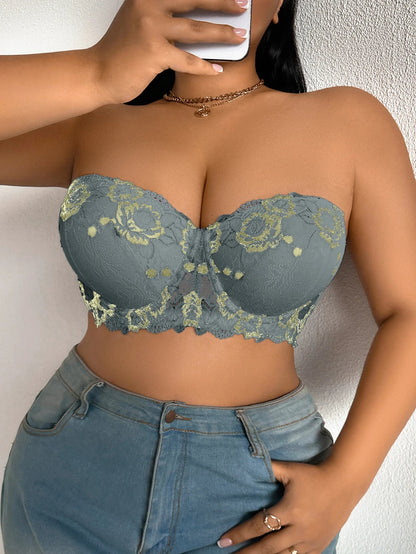 Daily Wide Strap Plus Size Women Bra Lace & Embroidery Push up Bra Comfort Thin Cup Underwire Support Lingerie Bra - -