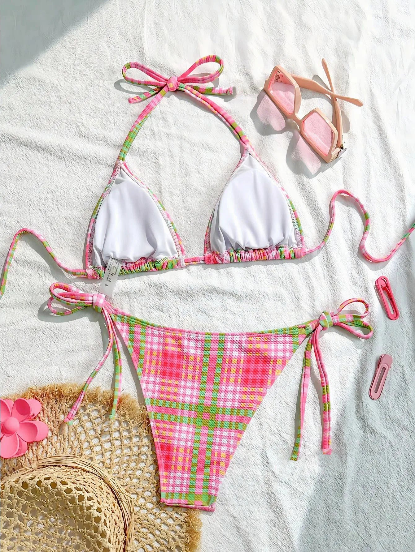 Sexy Pink Striped Micro Bikini 2026 Women Halter Push Up Bra Tie Side Thong Swimwear Bathing Suit Vacation Swimsuit Biquini - -