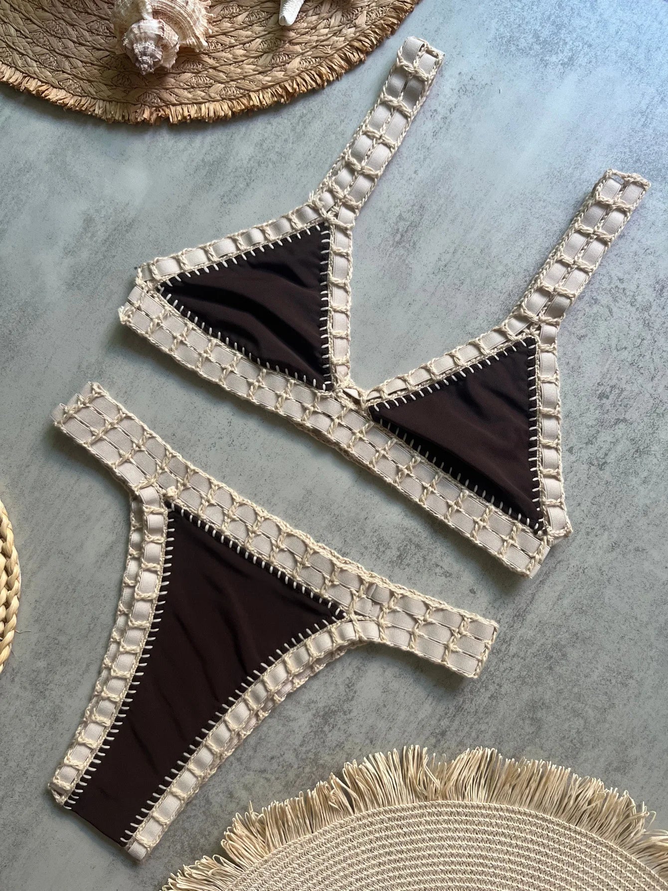 Sexy Black Patchwork Hand Crochet Bikini Set Women 2026 V Neck Push Up Bra Thong Swimsuit Beach Bathing Suit Knitted Swimwear - -