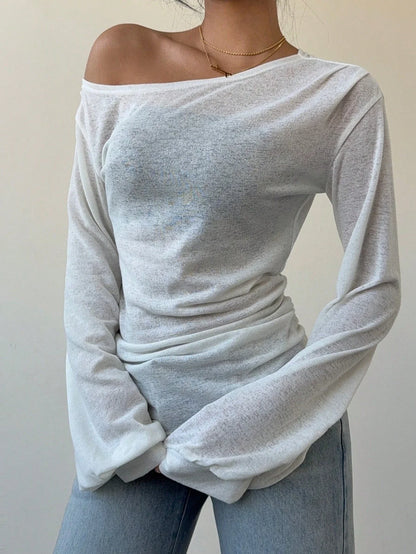 Women's Casual Solid Color Slope Collar Long Sleeved T-Shirt Loose Slouchy Style See-Through Off The Shoulder Top - -