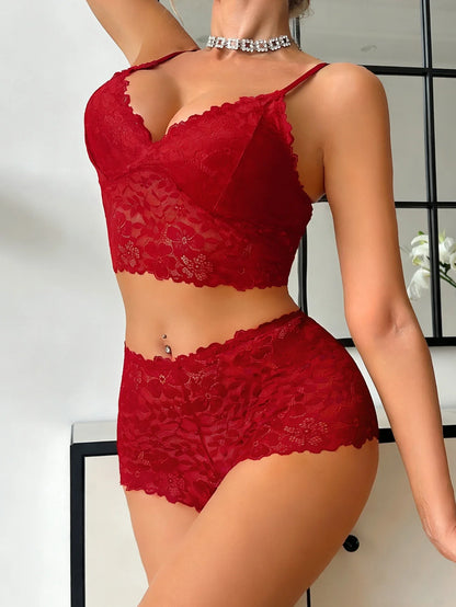 Floral Lace Women's Underwear Set Hollow-Out Wireless Sexy Bras Unlined Bra Breathable Hot Lingerie Sheer Women's Panties - -