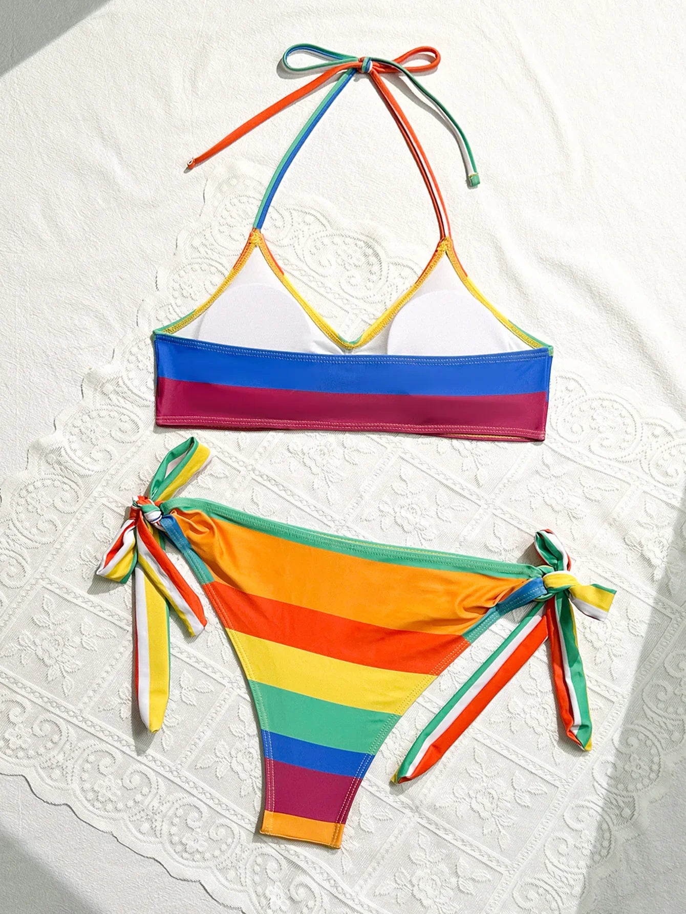 Women's Rainbow Color Bikini Set Sexy Beach Vacation Backless 2 Piece Swimsuit 2024 Summer Bathing Suit Bra Push Up Swimwear - -