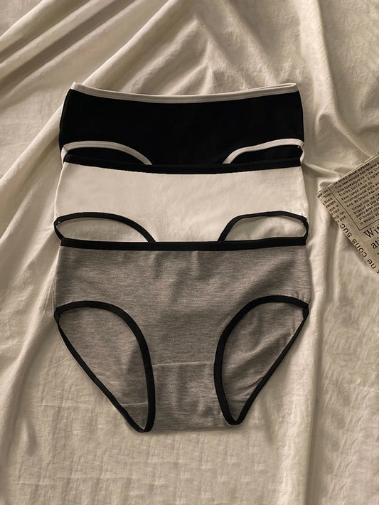3pcs Sports Cool Style Instagram Minimalist Girls' Underwear Mid Waist Japanese Black and White Pure Cotton Women's Triangle Top - -