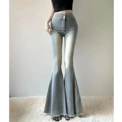 Fishtail Hem Denim Flare Pants - Blue Full Pans - Pants