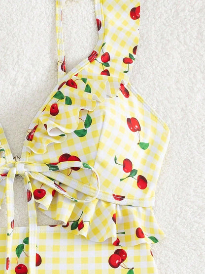 Vintage Pink Starberry Print One Piece Swimsuit 2026 Women Ruffles Bandage Cross High Waist Bikini Beach Bathing Suit Swimwear - -