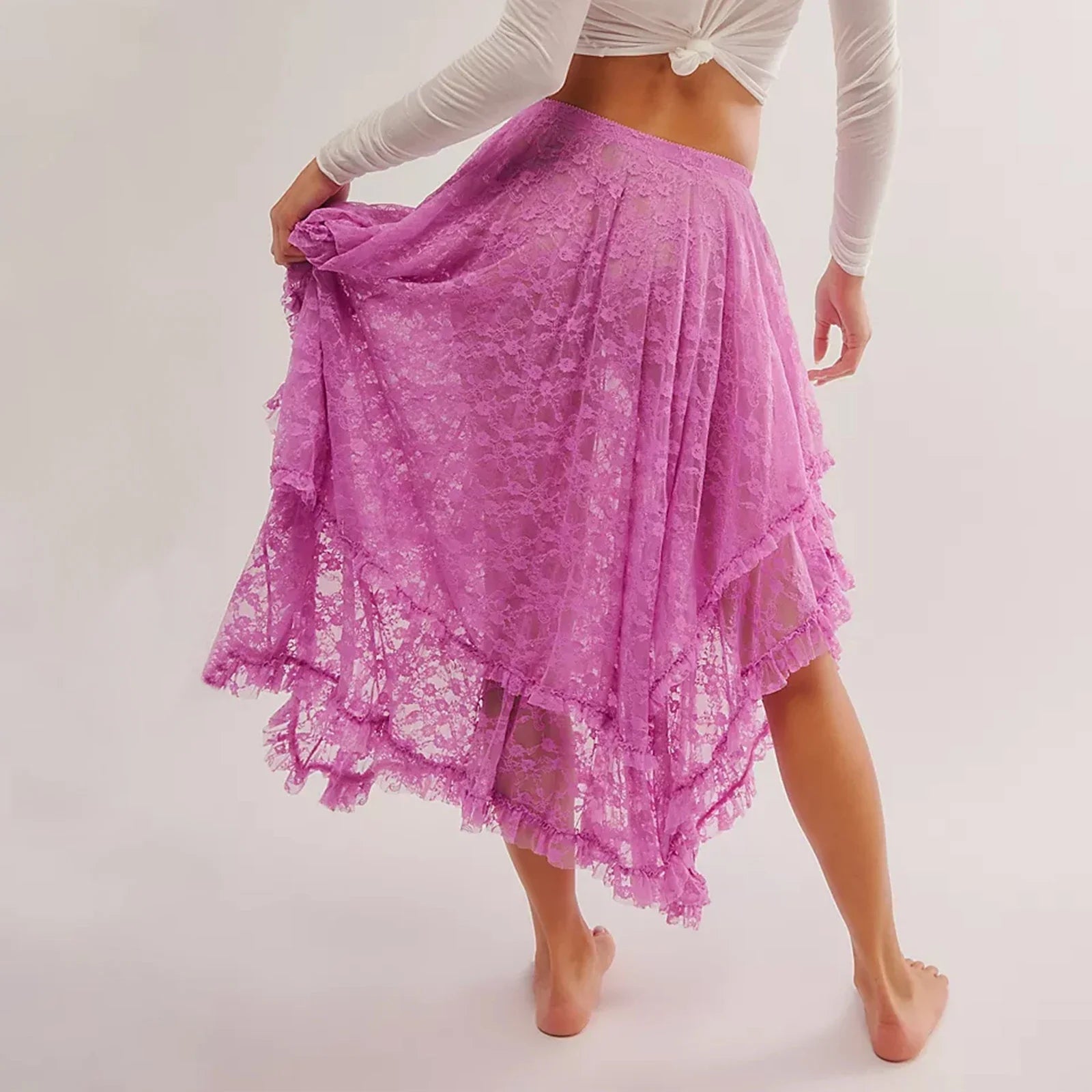 Vintage Lace Flower Women Midi Skirts Elastic High Waist Skirts Spring Summer Chic Irregular Hem Casual Female Skirts - -