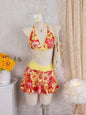Vintage Pink Floral Print Contrast Bikini Set 2026 Women Drawstring Side Skirt 3 Piece Swimsuit Holiday Bathing Suit Swimwear - Orange -
