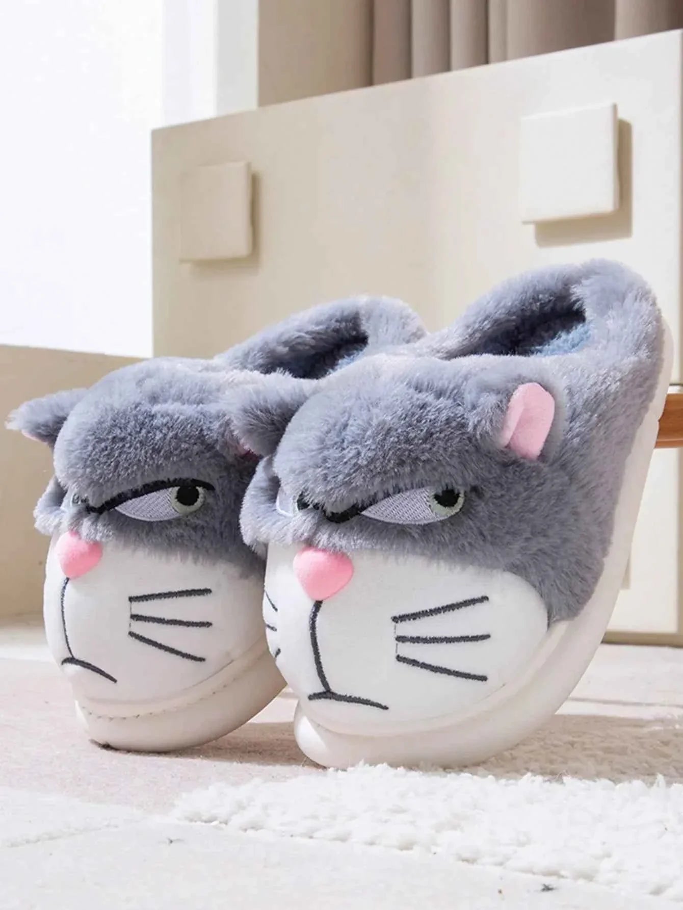 Cute Cat Couple Cotton Slippers - Men's/Women's Winter Warm Thick Bottom Home Shoes - Grey - Slippers 1