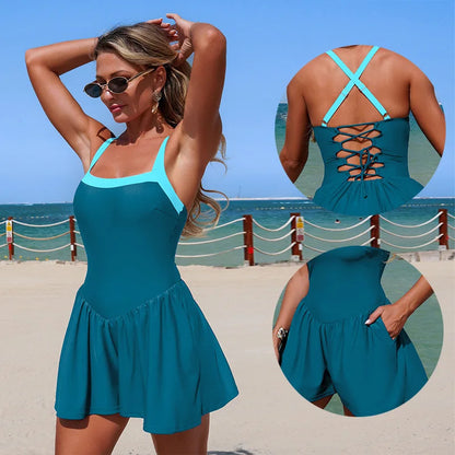 Vintage Black Patchwork Skirt One Piece Swimsuit 2026 Women Back Bandage Cross Pocket Swimwear Beach Bathing Suit Slim Monokini - -
