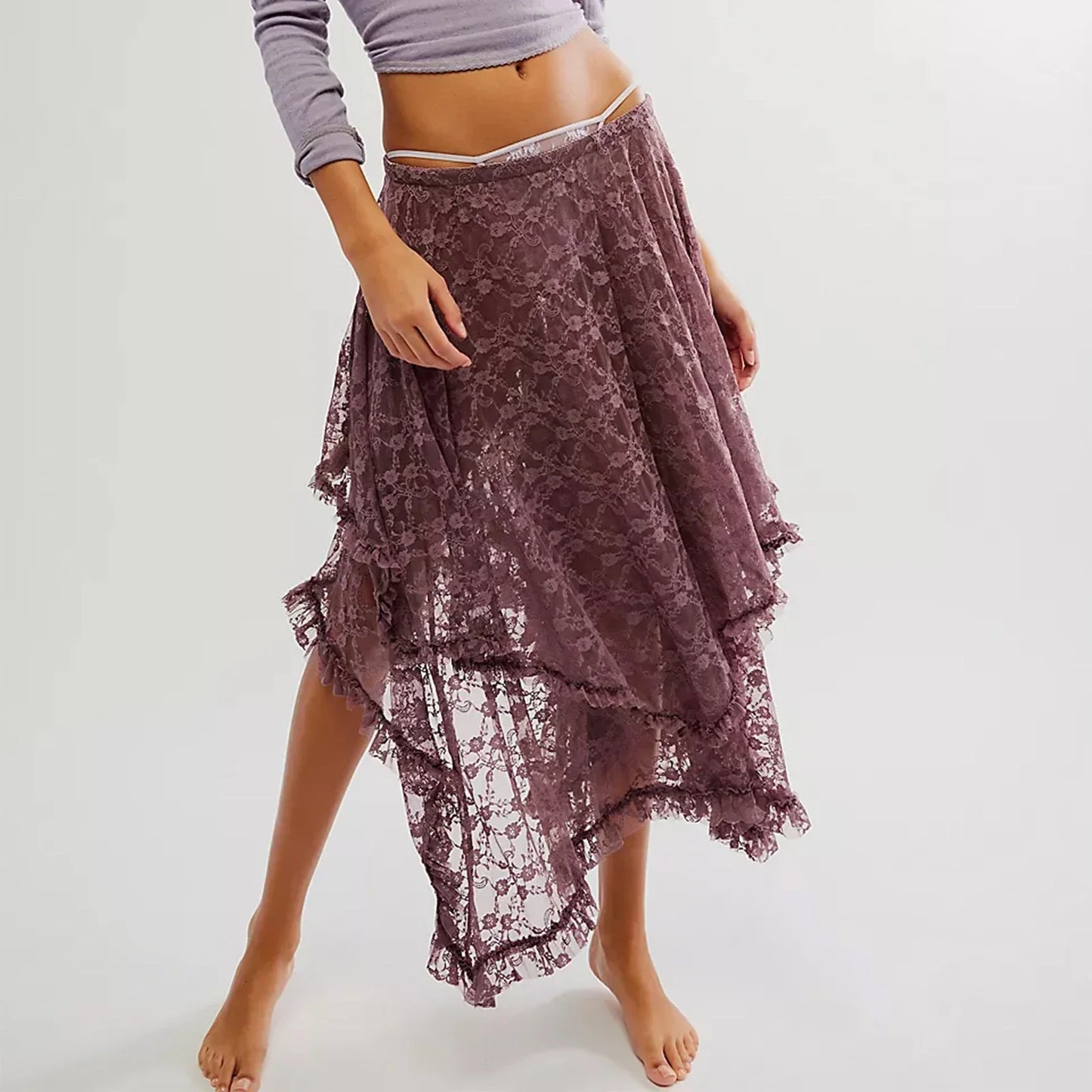 Vintage Lace Flower Women Midi Skirts Elastic High Waist Skirts Spring Summer Chic Irregular Hem Casual Female Skirts - Brown -