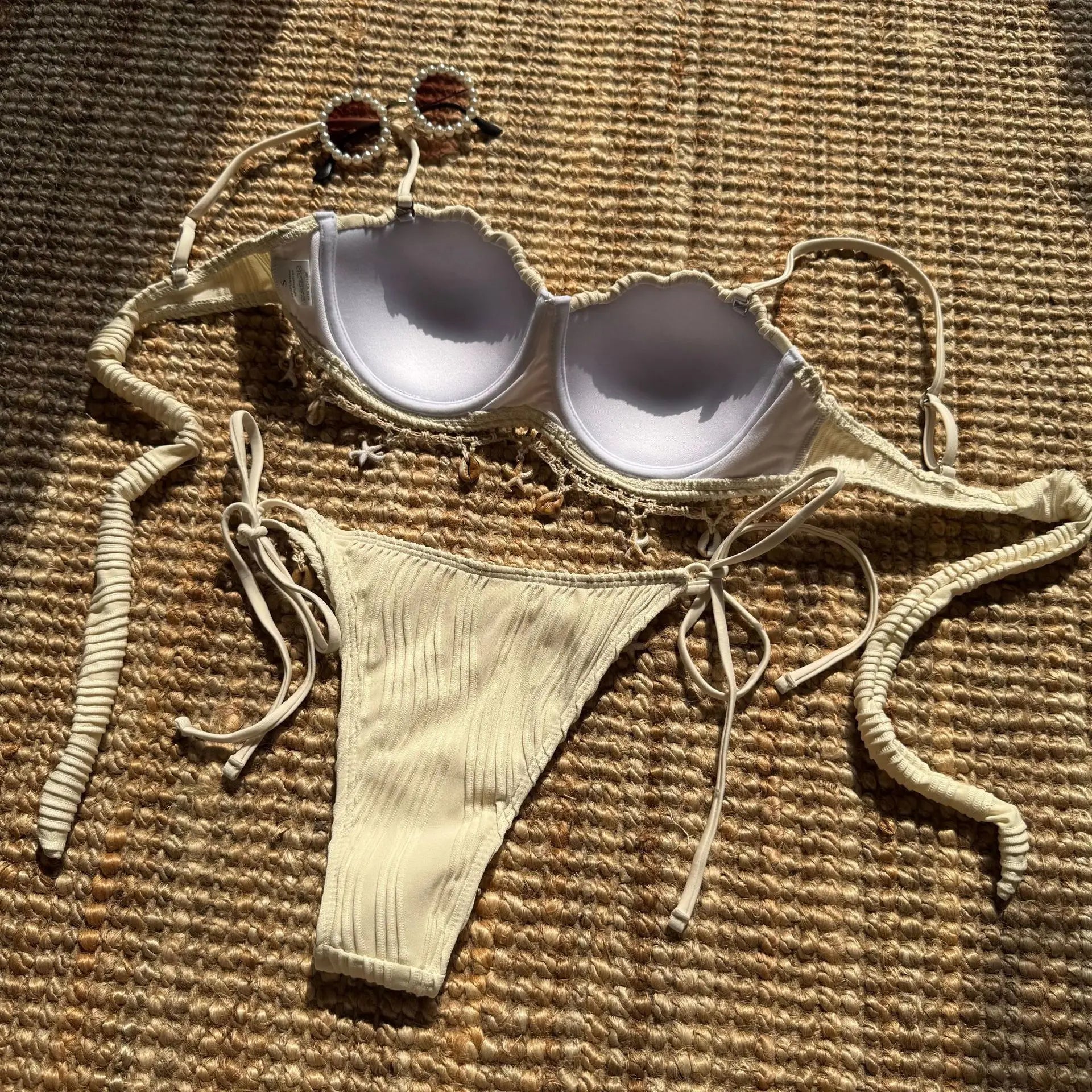 Sexy Shell Starfish Ornament Bikinis Sets Women White Ruffles Push Up Underwire Thong Swimsuit 2025 Beach Bathing Suit Swimwear - -