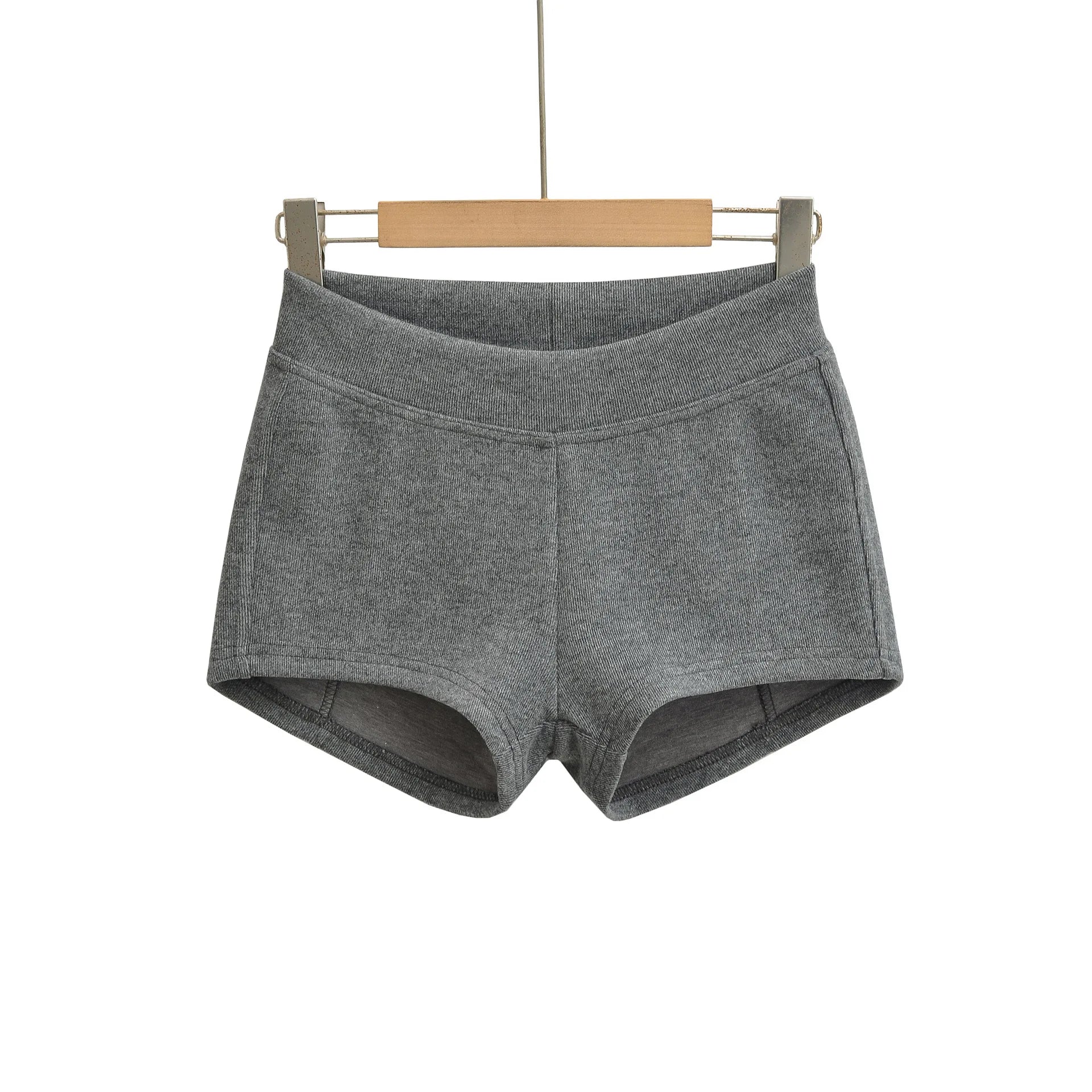 Gray Ribbed Knit Shorts For Women High Elastic Waist Soft Fabric Relaxed Fit Style For Casual Daily Stylish Under Shorts XK6F - Gray -