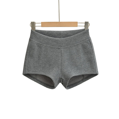 Gray Ribbed Knit Shorts For Women High Elastic Waist Soft Fabric Relaxed Fit Style For Casual Daily Stylish Under Shorts XK6F - Gray -