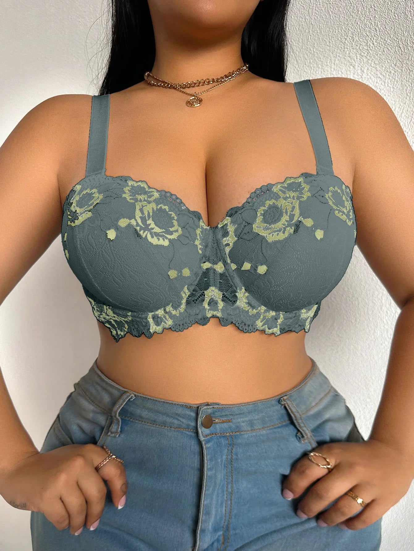 Daily Wide Strap Plus Size Women Bra Lace & Embroidery Push up Bra Comfort Thin Cup Underwire Support Lingerie Bra - -