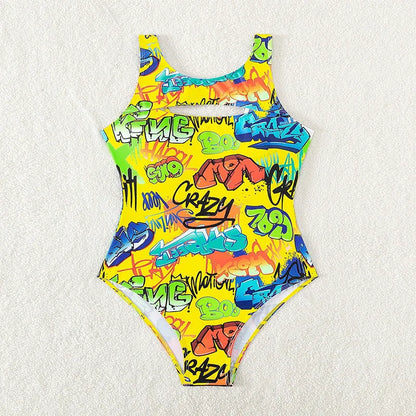 Vintage Yellow Abstract Print One Piece Swimsuit 2024 Women Hollow Out Holiday Bathing Suit Tummy Control Swimwear Beachwear - -