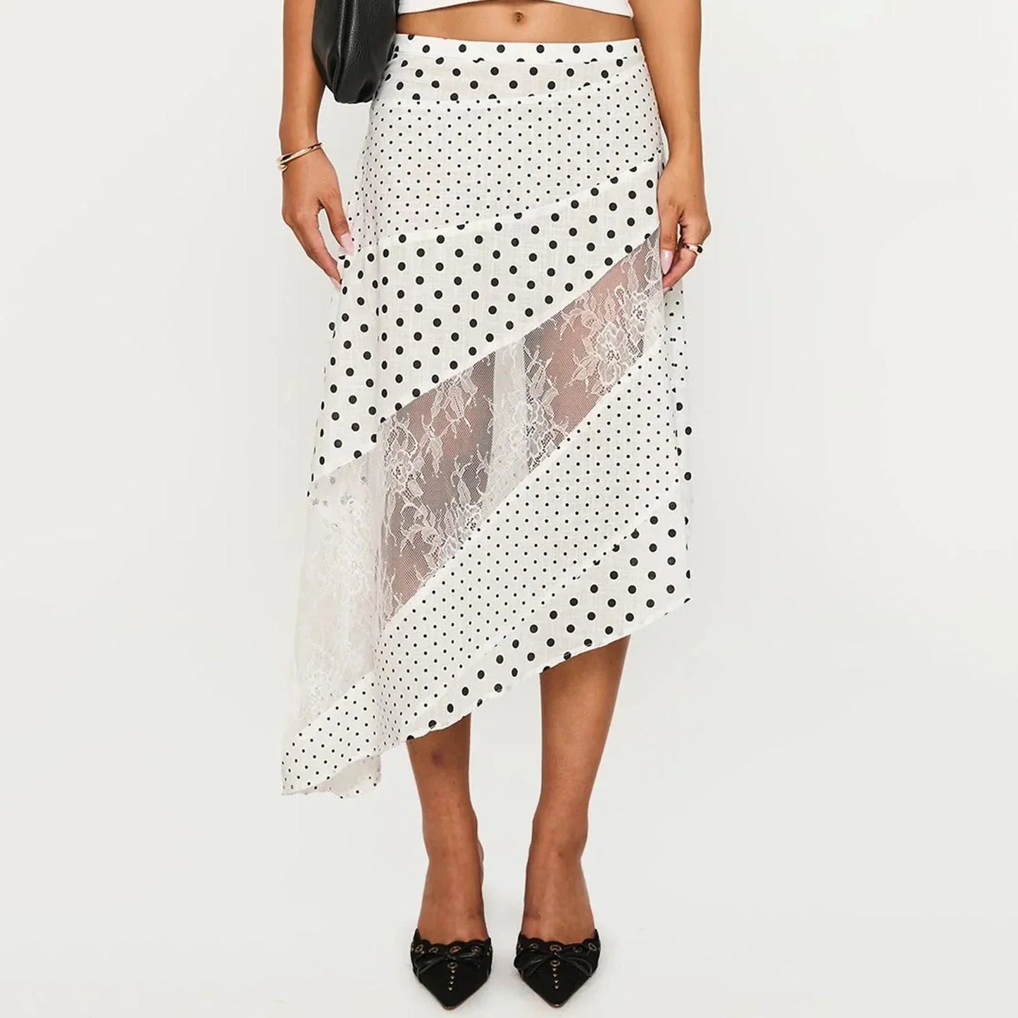 New Irregular Women Lace Flowy Midi Skirt Vintage Low Waist Floral Print Long Skirt Lightweight Summer Sexy Club Party Skirt - -