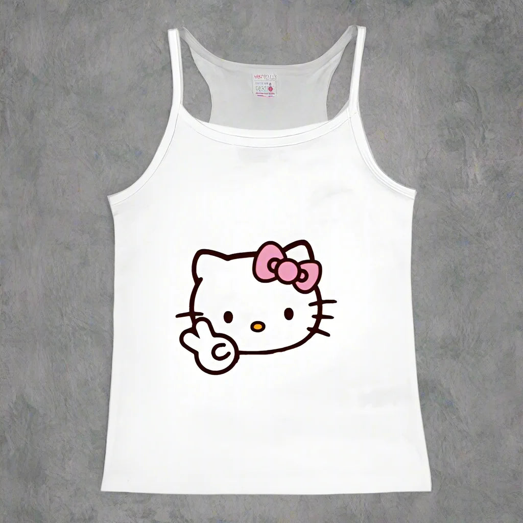 Y2K Hello Kitty Crop Top – Emo Girls Vintage Punk Tank - 37959- White - casualwear
